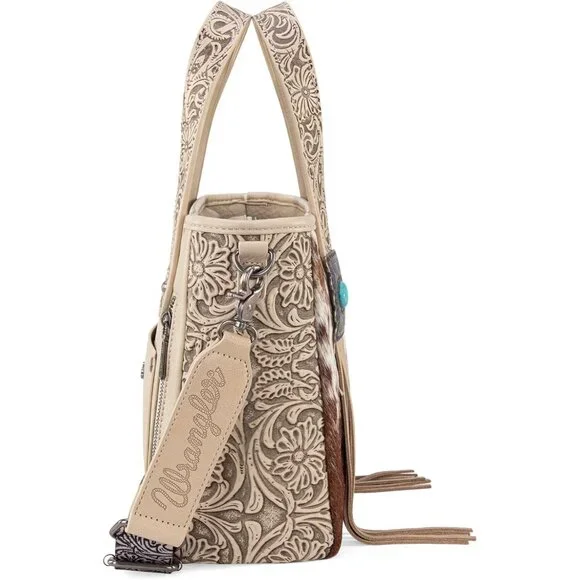 Wrangler Cowhide Tote Bag for Women Western Tooling Handbag Leather Fringing wit